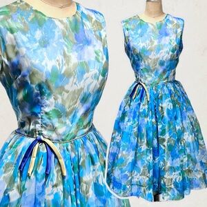 VINTAGE MCM watercolor chiffon sheer prom formal garden‎ party dress midi 60s